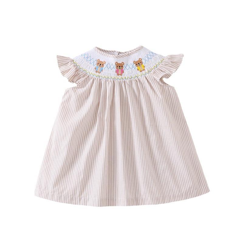 Girls Summer Embroidered Smocked Dress Cute Three Bears Pattern Fly Sleeve Vest Princess Dress For Baby Toddler