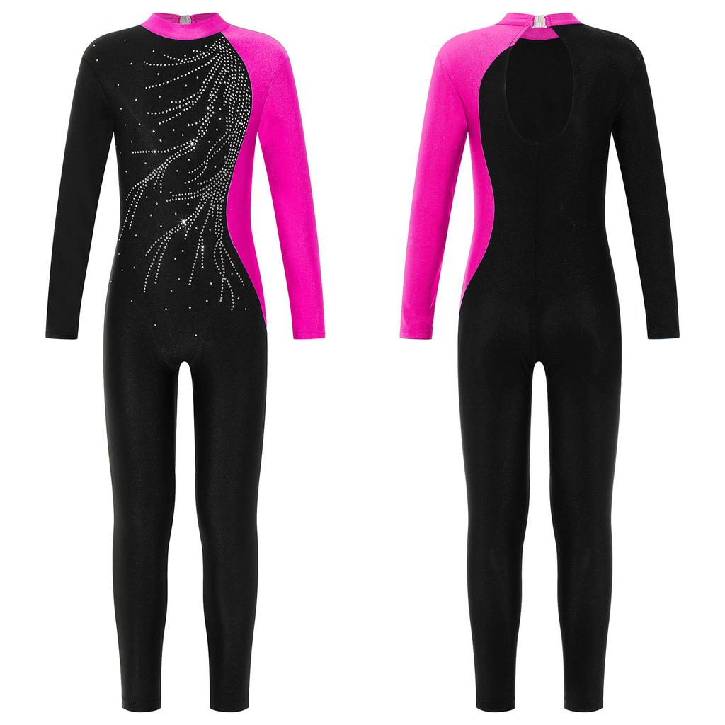 Kids Girls Long Sleeve Shiny Rhinestone Decor Dance Slim Fit Gymnastics Skating Leotard Jumpsuit