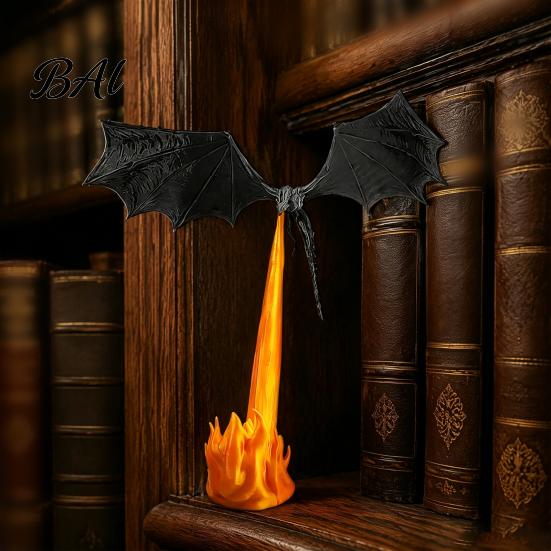 Flame Effect Lamp Dragon Bookshelf Nook Light, 3D Printed Fire-Breathing Fantasy Flying Dragon, Shelf Accent Book with LED Gothic Library Decor, Gift