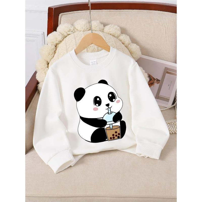Crewneck Sweatshirt for Girls Featuring an Adorable Panda Enjoying Bubble Tea. It'S Machine Washable