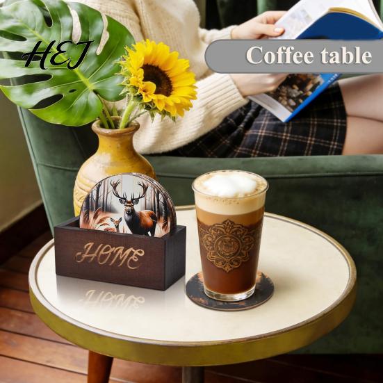 Natural Wood Decor for Home Office Retro Elk/Vinyl Record Coasters, Decorative Wooden Cup Mats, Insulated Table Wilderness Landscape Pattern Coasters