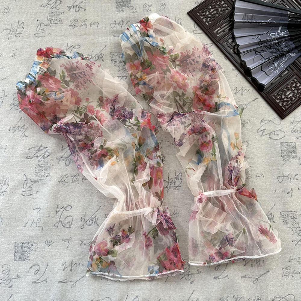 Flower Chinese Style Sleeves Elastic Cycling Gloves Chiffon Sunscreen Arm Covers Driving