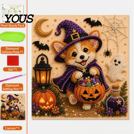 Набор для рисования жемчугом Resin Bead Painting Set Хэллоуин Набор с искусственным жемчугом, Щенячье искусство DIY Ведьма Расслабляющие проекты для эмоций Шляпа Набор для рукоделия Взрослые и подростки, Ручная работа