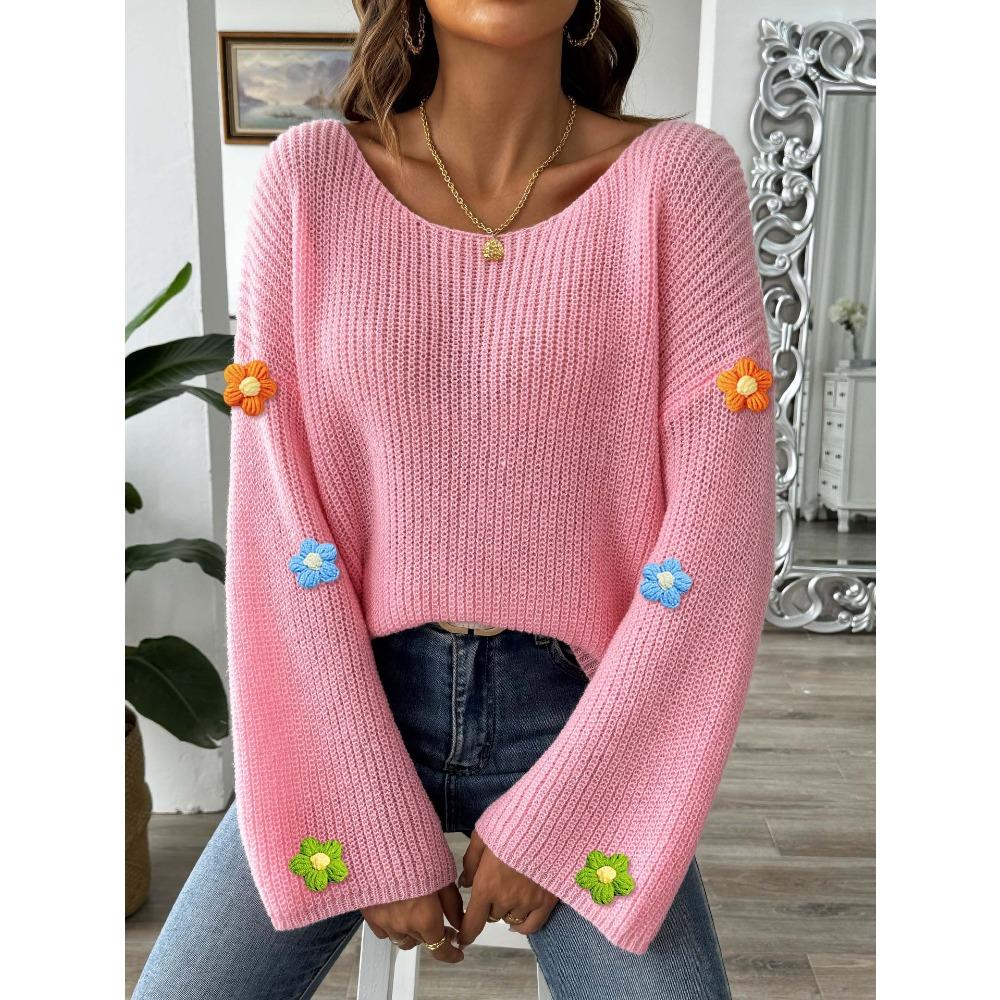 Women’s Hand-Crocheted Floral Patchwork Top – Simple, Loose-Fitting, Off-the-Shoulder, Bell-Sleeve Jumper