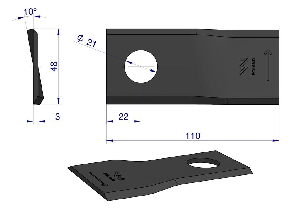 Left mower blade 110x48x3mm hole 21 application 108L Galfre WARYŃSKI (sold in 25 pieces)