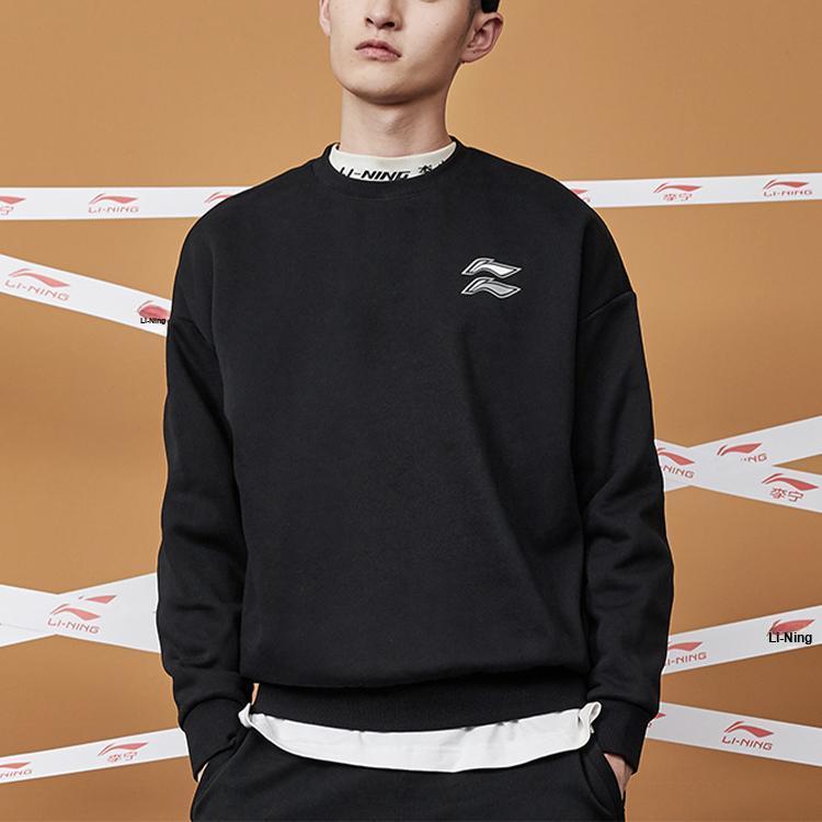 Li-Ning Повседневный спортивный флисовый свободный круглый вырез пуловер толстовка мужская толстовка стандарт-черный AWDQB71-2