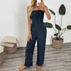 Women's New Casual Holiday Simple Style Tie Elastic Waist Solid Colour Smocked Straight Fashion Jumpsuit