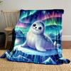Cute Seal Under Northern Lights Patterned Blanket, Flannel, Suitable for All Seasons, Home Decor, Warm and Cozy