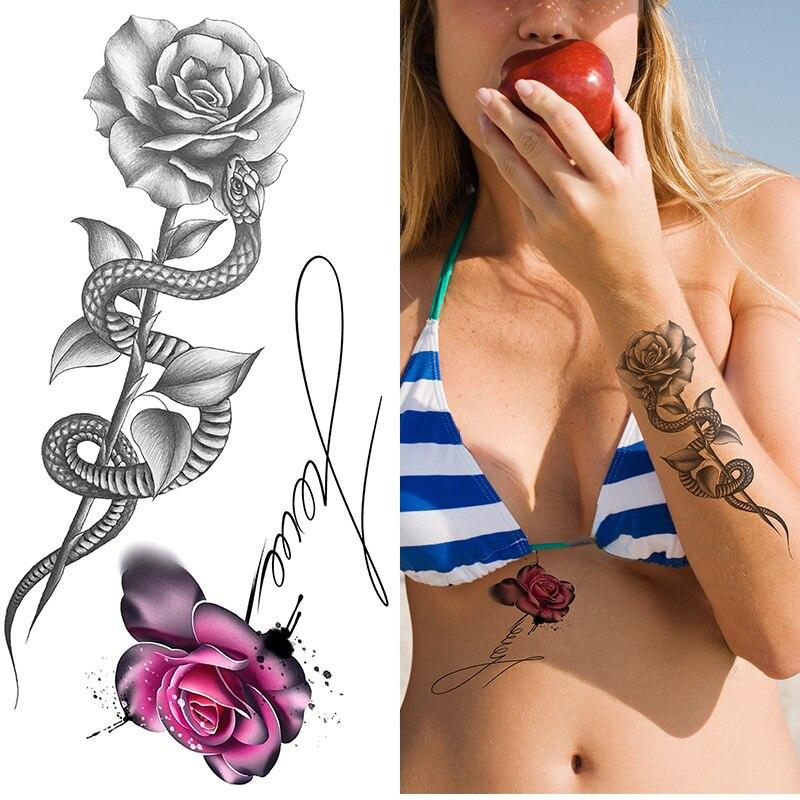 Women Sexy Temporary Tattoo Stickers Black Roses Pattern Full Flower Design Used for Arm Body Art Big Large Fake Tattoo Stickers