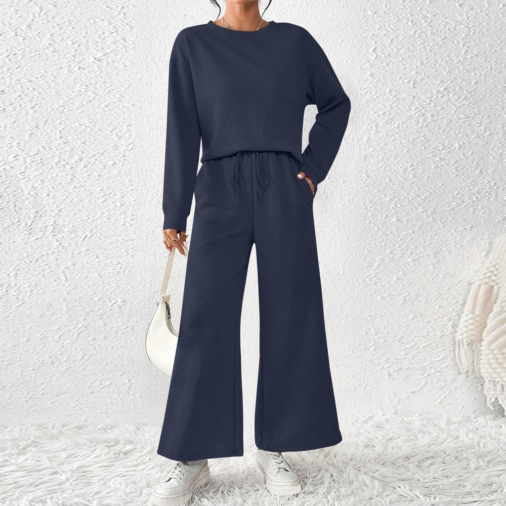 Women's Solid Color Temperament Casual Loose Textured Drawstring Elastic Waist Sports Suit