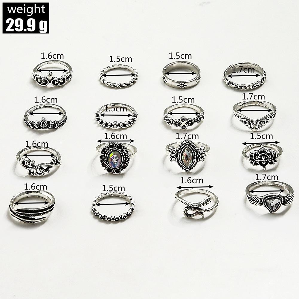 Европа и Соединенные Штаты Новое кольцо в стиле ретро с преувеличенной полостью и резным пером в форме змеи, комбинированное кольцо из 16 предметов, внешняя торговля