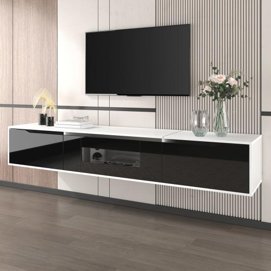 TV Media Cabinet Cabinet High-Gloss Color-Coordinated with Black Storage and White Featuring Color-Changing LED Light Home Decor