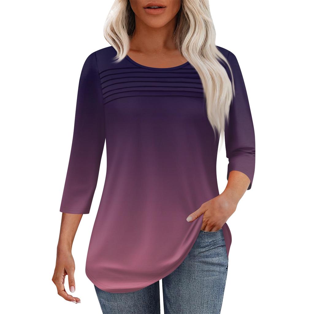 Women's Fashion Round Neck Pleated Front Placket Solid Color 3/4 Sleeve Top