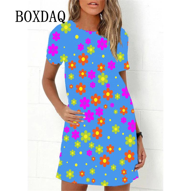 Женское весенне-летнее платье с радужными цветами, модное элегантное, с коротким рукавом и круглым вырезом, свободного покроя, сарафан для вечеринок