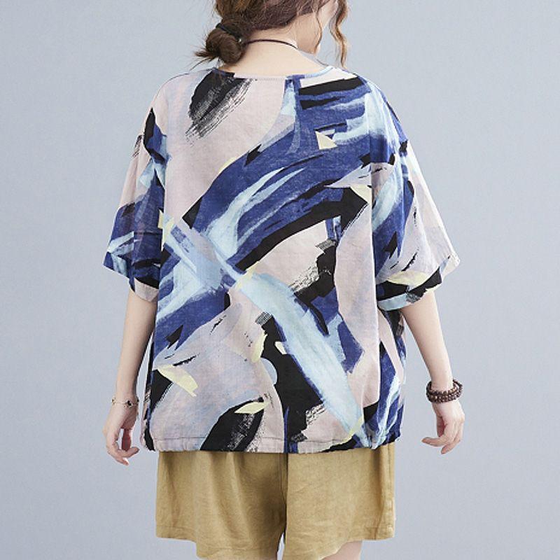 Футболка большого размера из хлопка и льна с короткими рукавами для женщин, летняя, свободная, с абстрактным принтом в западном стиле, уменьшающая возраст льняная футболка