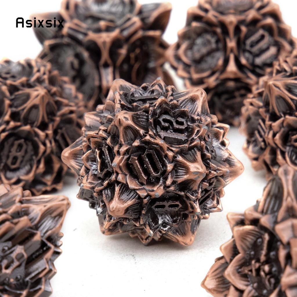 7 Pcs Copper Black Lotus Flower Metal Dice Solid Metal Polyhedral Dice Set Suitable for Role-Playing RPG Board Game Card Game