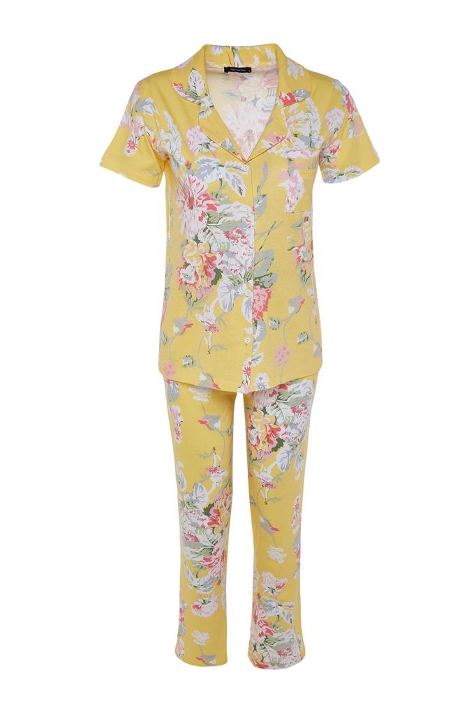 Women's Fashion Yellow 100% Cotton Floral Patterned Shirt-Pants Knitted Pajama Set