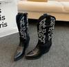 Модная женская обувь 2024 года, высококачественные женские сапоги без застежек, модные современные сапоги с вышивкой, женские сексуальные сапоги с острым носком, однотонные сапоги до середины икры
