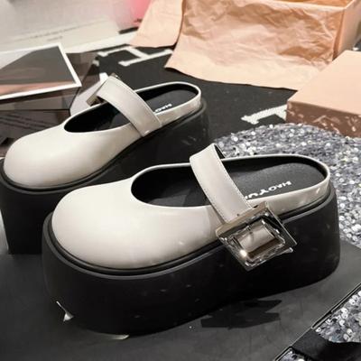 Модная обувь Женская 2024 Модные женские тапочки с одним словом и пряжкой Летние закрытые туфли на высоком каблуке Водонепроницаемые мокасины Тапочки