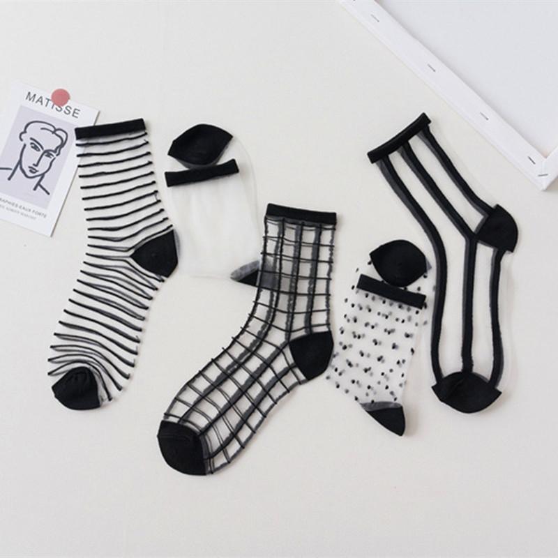 1 Pair Women Socks Summer 15 Styles Harajuku Thin Transparent Sock Striped Plaid Dots Breathable Funny Socks Casual Ankle Socks