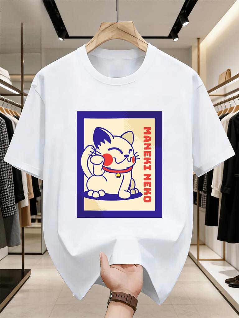 Мультяшная унисекс футболка с принтом Neko, унисекс, с коротким рукавом, с изображением счастливого кота-удачи, с круглым вырезом, в японском стиле, с веером, повседневная, мужская, уличная мода, топ