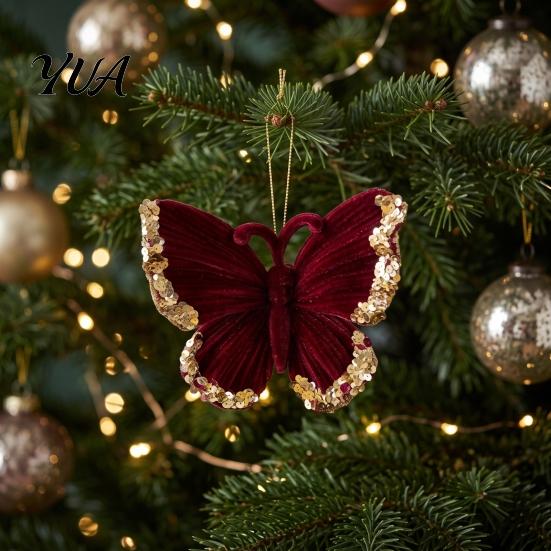Seasonal Garland Door Decorations Flocked Christmas Ornaments with Gold Edging, Retro Red Velvet Hanging Exquisite Tree Pendants Decoration,