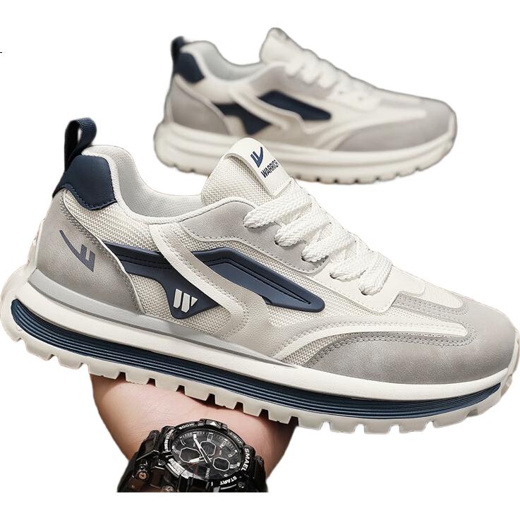 Warrior Men's Shoes 2025 Autumn Winter New Breathable Shock-Absorbing Non-Slip Casual Sneakers Light Gray Dark Blue Size 39