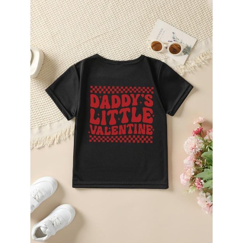 Европейские размеры Девочки Летняя Мода Футболка с коротким рукавом DADDYS LITTLE VALENTINE Клетчатый и Сердечно-глазый Мультяшный Принт Повседневная С круглым вырезом