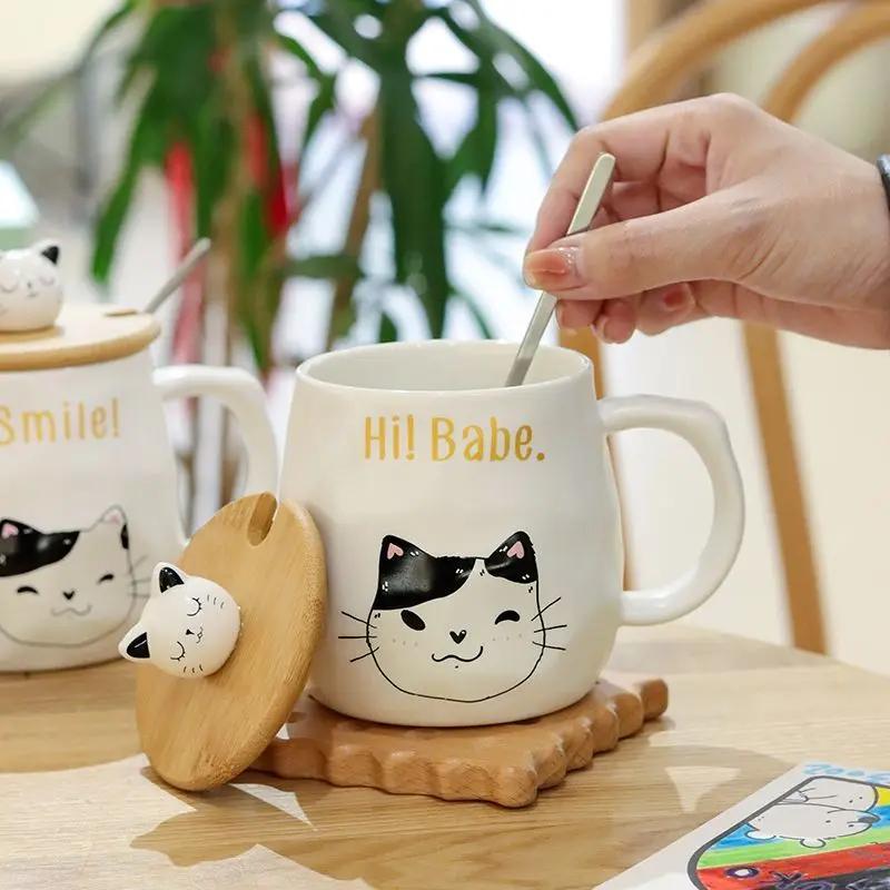 Creative Cartoon Ceramic Cup With Lid and Spoon Cute and Different Cups of Coffee Breakfast Milk Coffee Cup Office Cat Mug Mugs