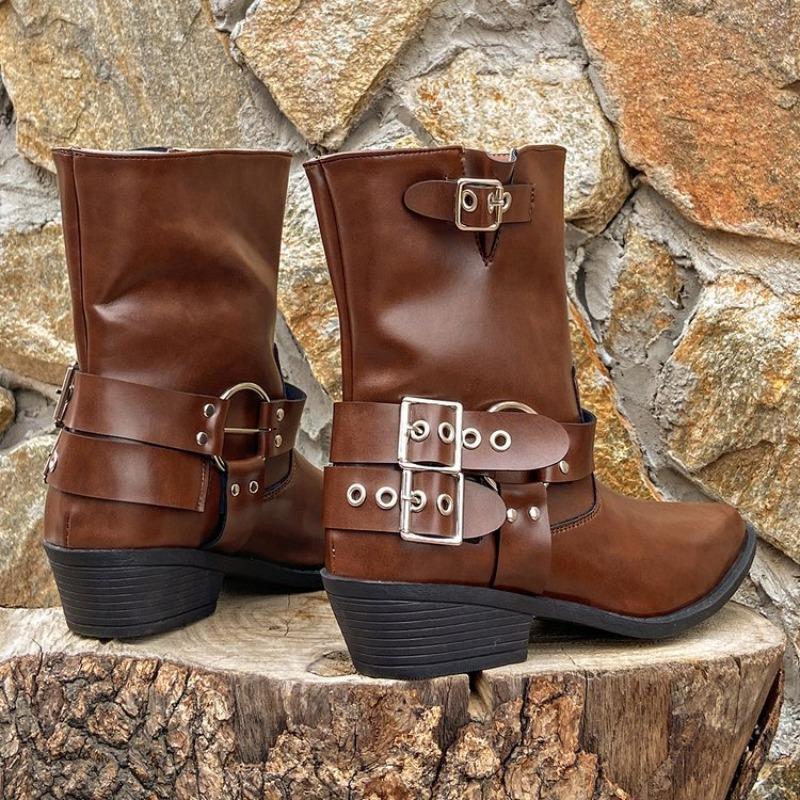 Autumn and Winter New Martin Boots Fashion Pointed Locomotive Wind Knight Boots Metal Buckle Square Heel Boots