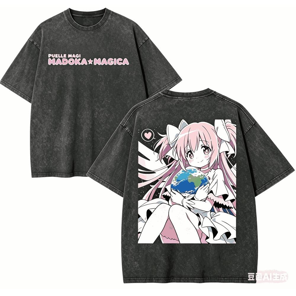 Puella Magi Madoka Magica Стиранная футболка Одежда на весь год Высокое качество Индивидуальность Одежда Большой размер Унисекс Новая модель Стиранный Винтаж Свободный