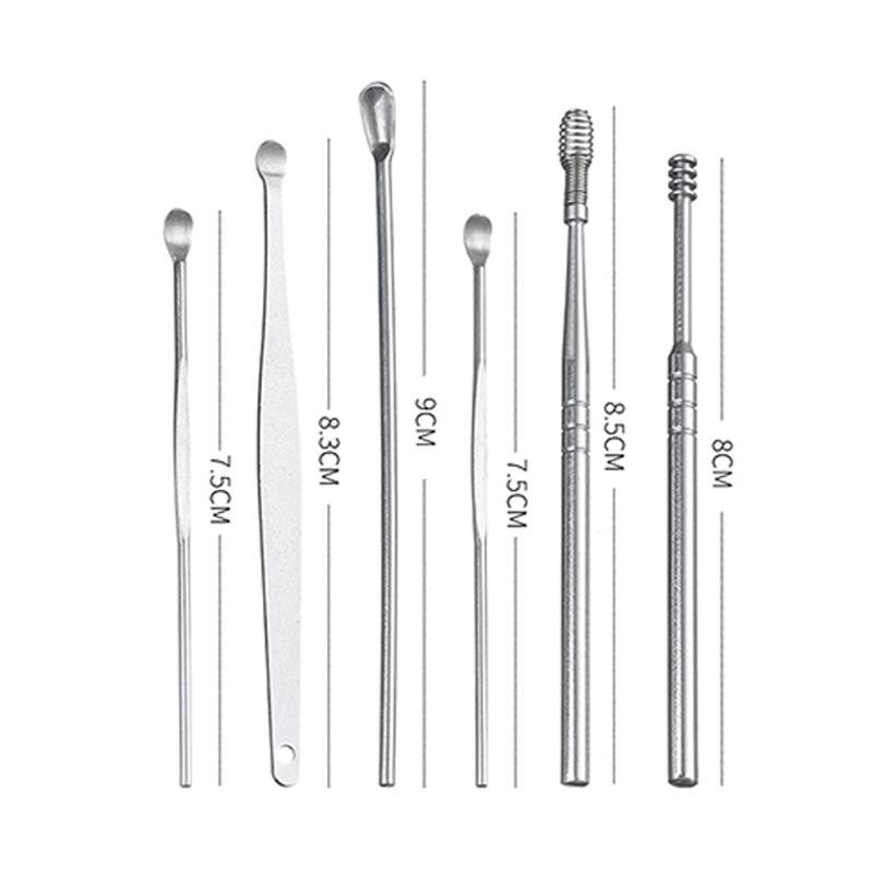 6 шт./компл. Ушные чистильщики для удаления ушной серы из нержавеющей стали Ушные чистильщики для удаления серы Набор для пирсинга Кюретка для удаления ушной серы Ложка для ухода Инструменты для чистки ушей