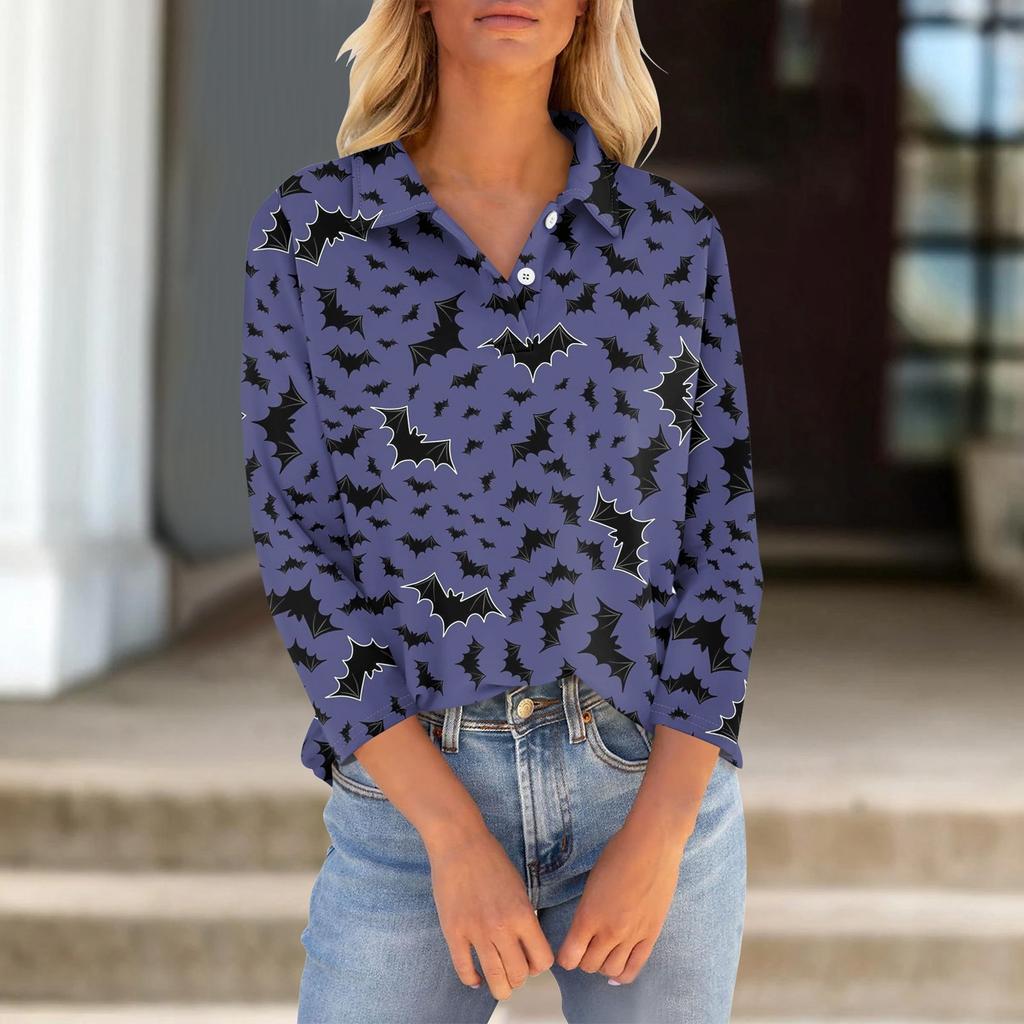 Women's Seven Quarter Sleeved T-shirt V-neck Button Up Shirt With Printed Loose Top For Halloween