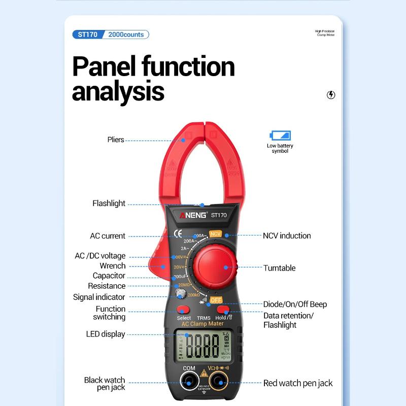 Professional ANENG ST170 Clamp Meter 1999 Counts Digital Multimeter 500A AC/DC Voltage Current NCV Resistance Tester with Free B20Test Pen Non-contact