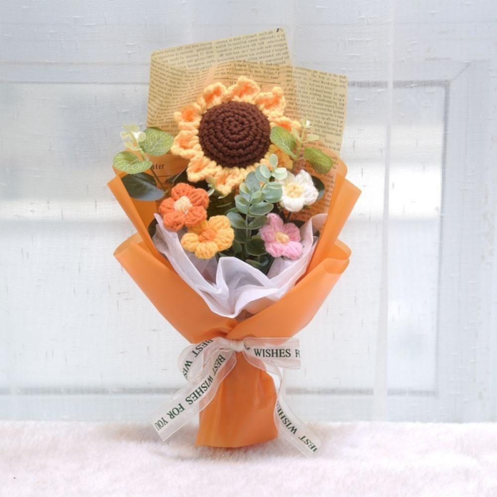 Handmade Hand-woven Sunflower with Bag Knitted Flowers Bouquet Simulation Flower Teachers' Day