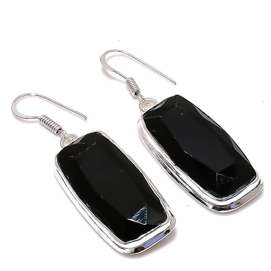 Black Spinel Gemstone Handmade 925 Sterling Silver Jewelry Earring 2.01" Q9z17