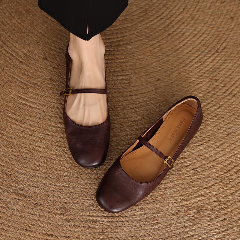 Retro Soft Sole Mary Jane Flats, Round Toe, Washed Genuine Leather, Women's Sizes 33-40