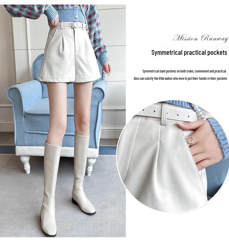 2024 Осень/Зима Шорты из ПУ кожи с высокой талией, облегающие, черные, для женщин