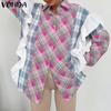 Women Vintage Shirt Collar Ruffled Long Sleeve Plaid Shirts