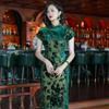Imperial Green Velvet Floral Cheongsam - Retro Chinese Style, Elegant, Modern Fit (24287)