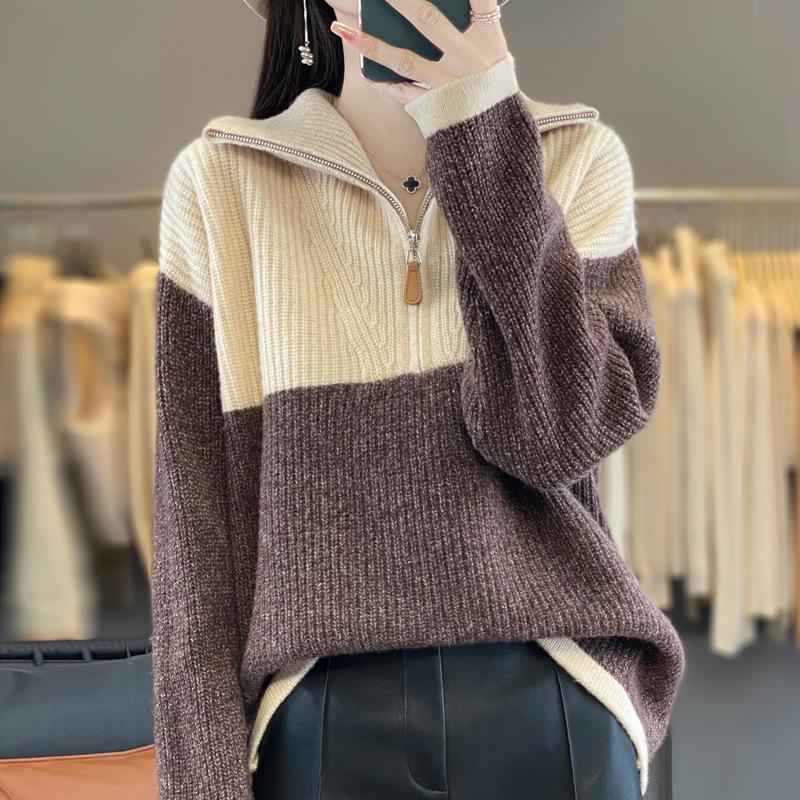 Color Block Wool Cashmere Sweater - Women's High-End Knitted Half-Open Collar Top