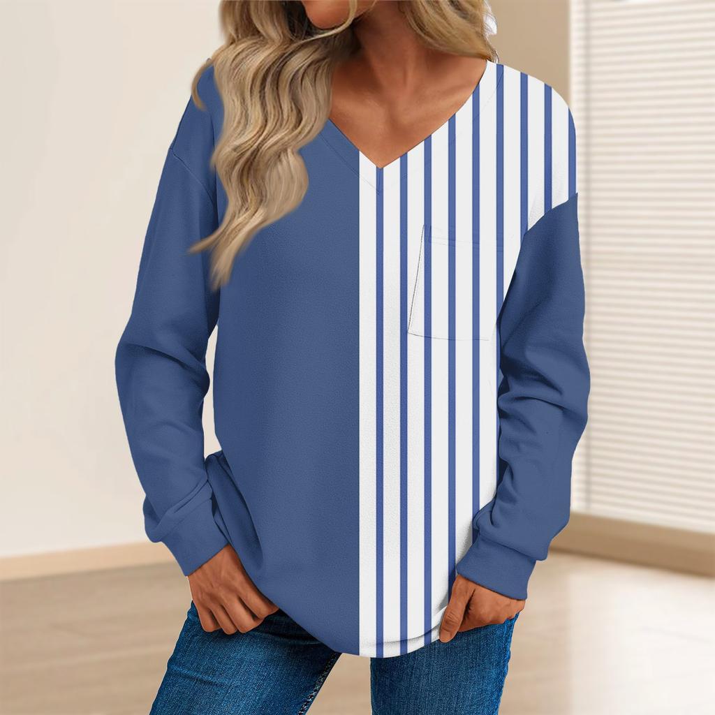 Женская мода повседневный свитер с длинным рукавом и принтом V-образным вырезом