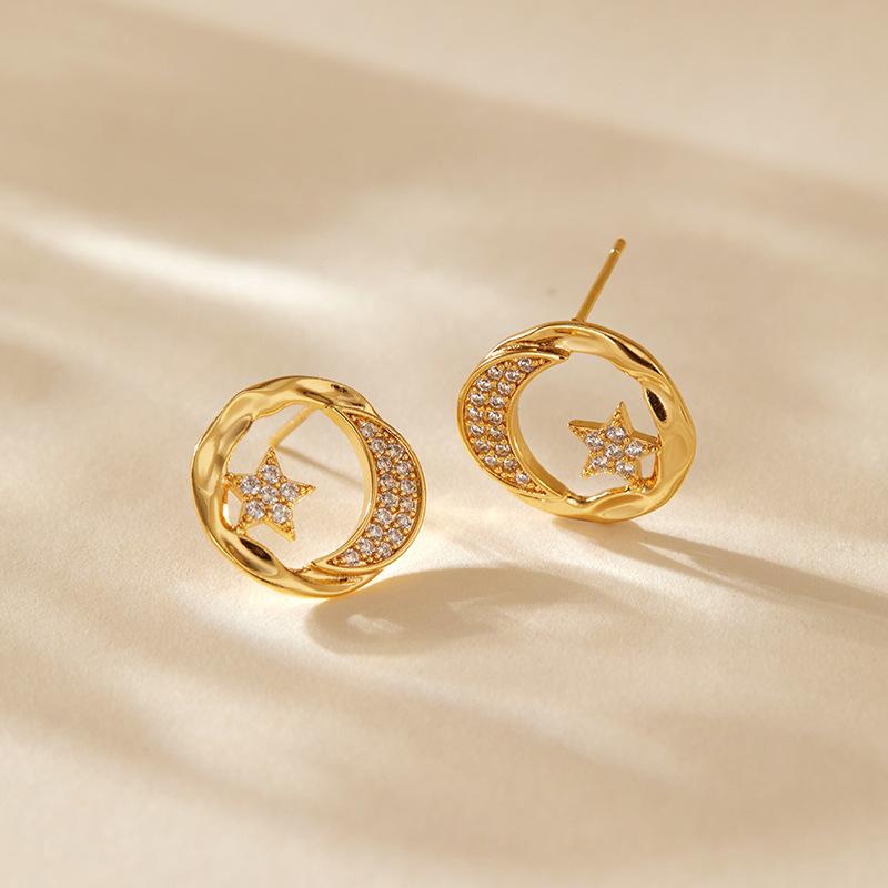 Gold Plated Geometric Star Zircon Inlaid Stud Earrings For Women