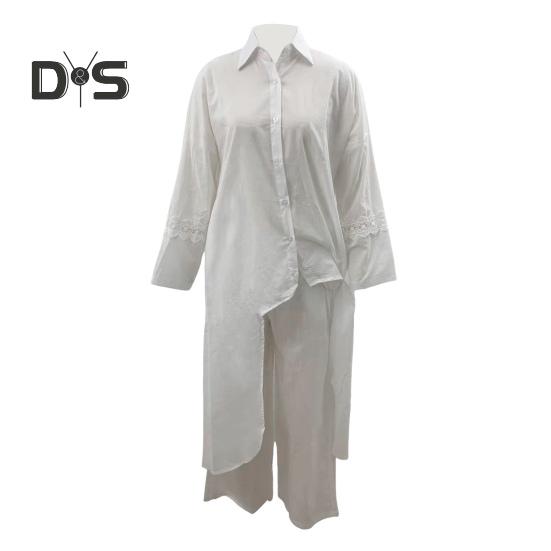 2 Pcs/Set Fall Spring Women Shirt Pants Set Long Sleeves Lapel Lace Cuff Button-down Irregular Hem Blouse Elastic Waist Trousers OL Commuting Sport