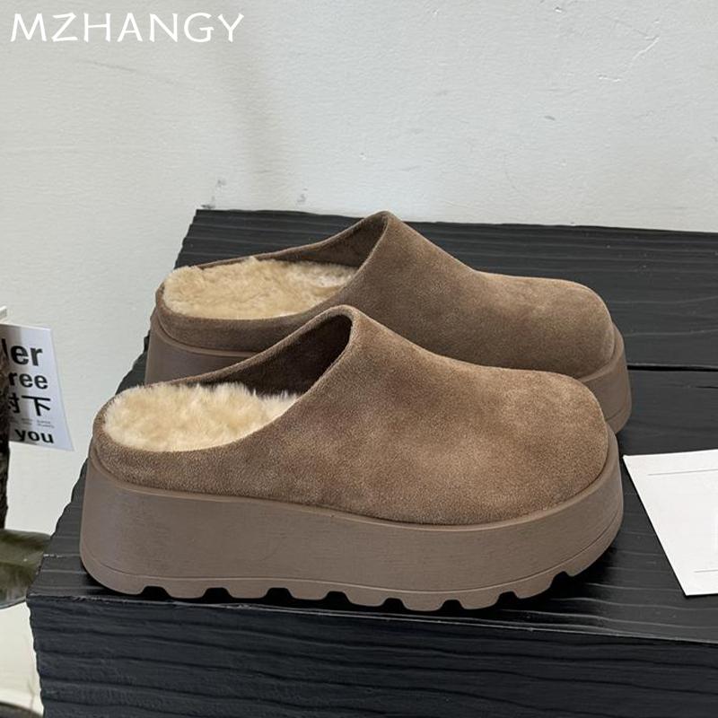 Women Suede Flats Cotton Slippers Platform Mules Shoes Woman 2025 Trend Fashion Winter Warm Casual Walking Snow Boots Flip Flops