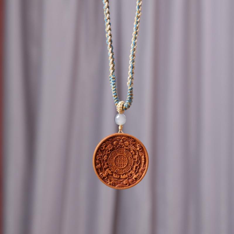 Jujube Wood Carved Mountain Ghost Necklace with Bagua Buckle and Seven Star Coin Pendant