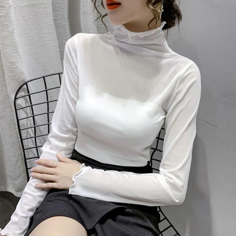 Sexy Women T Shirt See Through Transparent Tops Long Sleeve Sheer Slim Ladies Turtleneck T-Shirt New Arrival Women Pullover