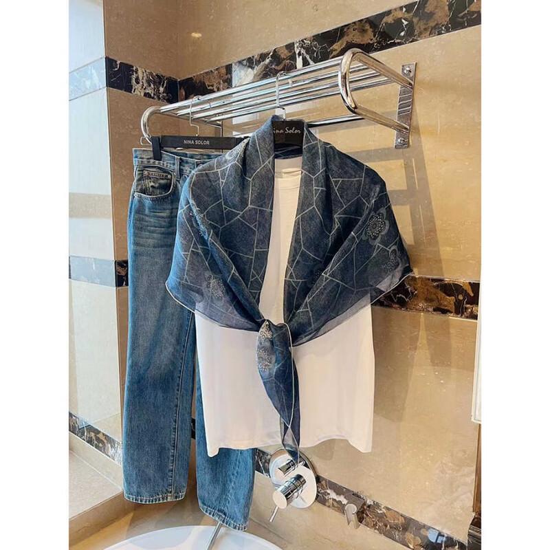 NINA SOLOR Denim Blue Plaid Silk Scarf