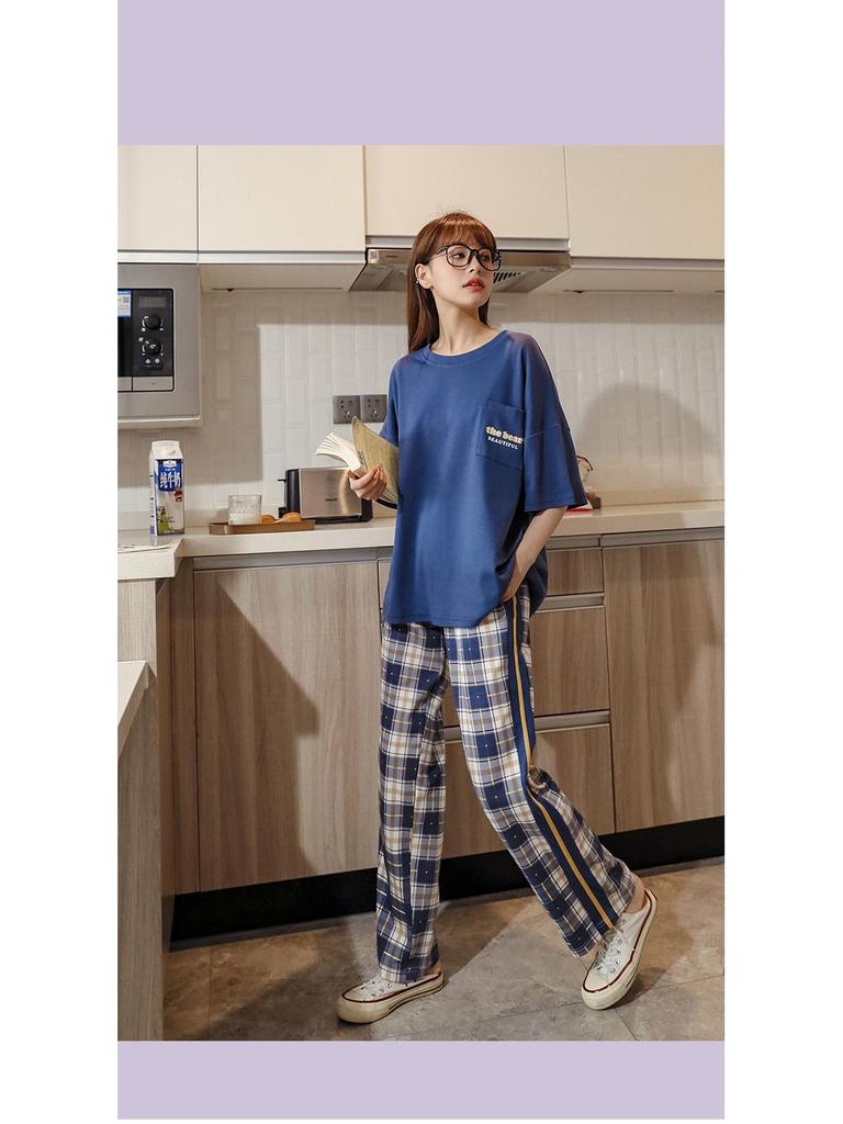2025 Spring/Summer Women's Cotton Pullover Pajama Set - Short Sleeve Top with Long Pants