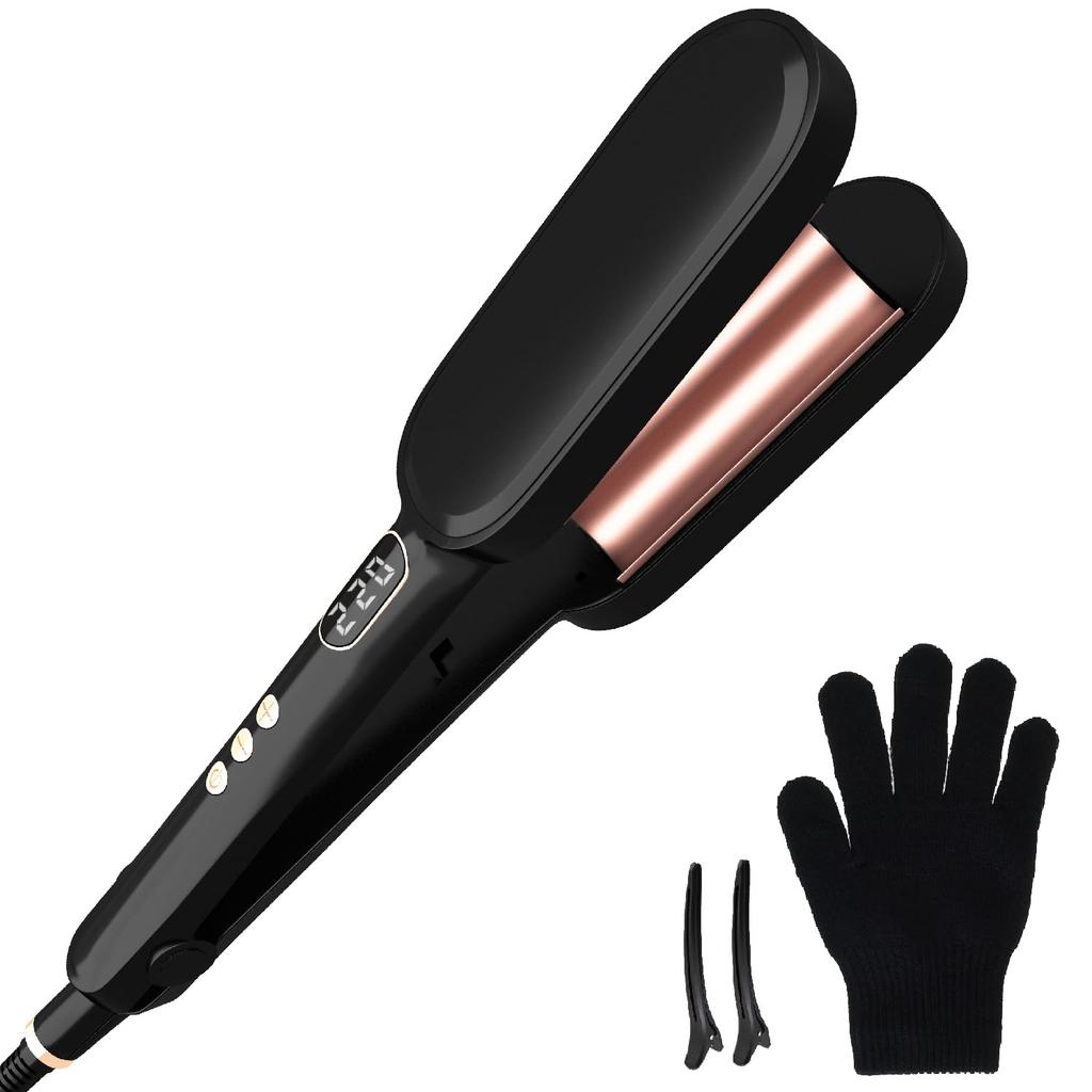 26mm Curling Iron, Wave Iron, Clamp-On Hair Iron, 140°C-220°C, 5 Temperature Settings, Burn Prevention, Emits 10 Million Negative Ions (Black)